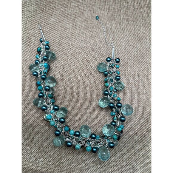 Chunky Aqua Teal Glass & Shell Bead Statement Necklace - Picture 5 of 8
